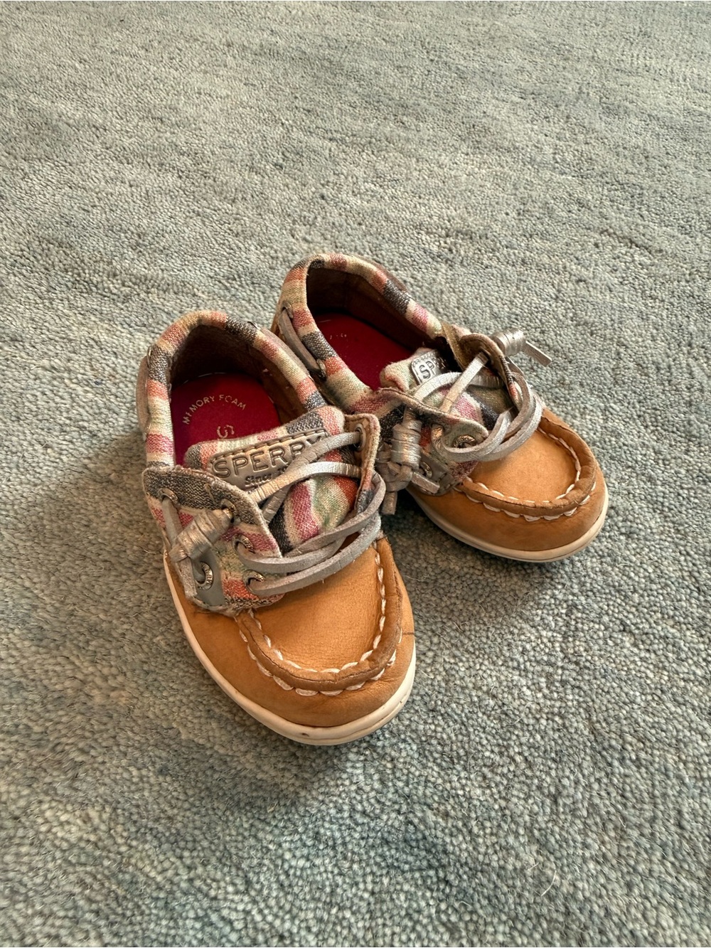Sperry Kids Tan Leather Boat Shoes with Multi-Color Stripe Accents